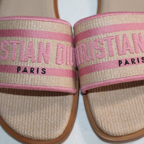 NWB DIOR Christian Dior Rose Dway Flats Slides Logo Embroidered Sandals 40 - Picture 7 of 7
